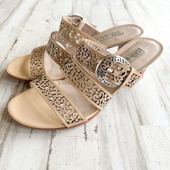 BRIGHTON Tinsel Leather Strappy High Heel Open Toe Beige Sandals Womens Size 7.5 - Picture 5 of 16